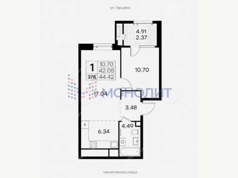 однокомнатная квартира на улице Гаршина